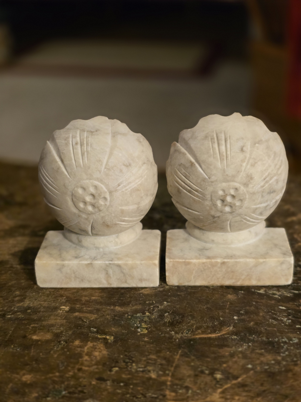 Carved Marble Floral Finial Bookends - White